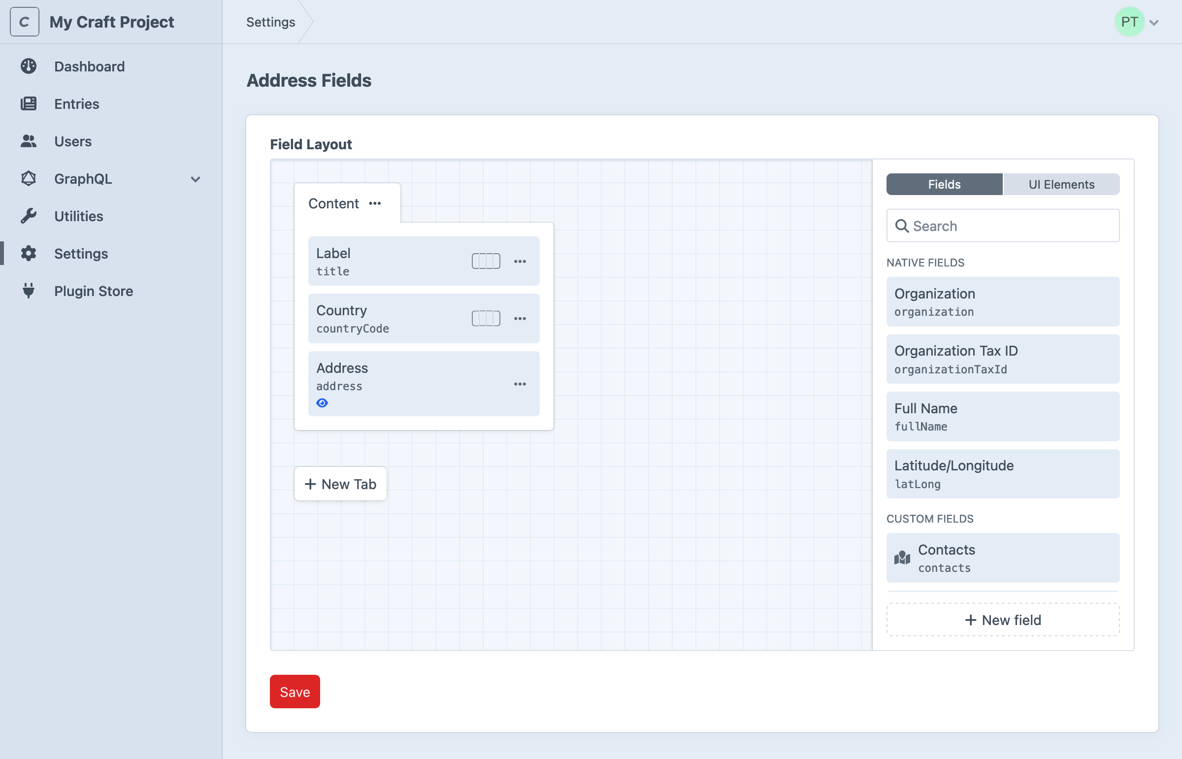 Screenshot of the address element field layout