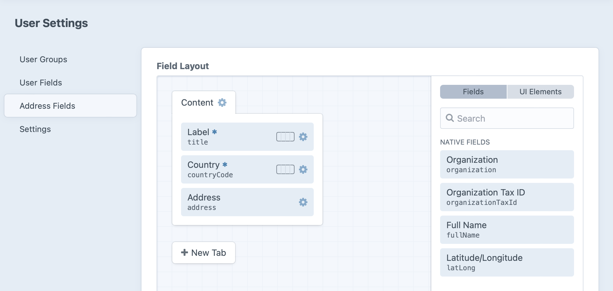 Screenshot of Address Fields’ Field Layout editor, with an existing Content tab containing Label, Country, and Address fields