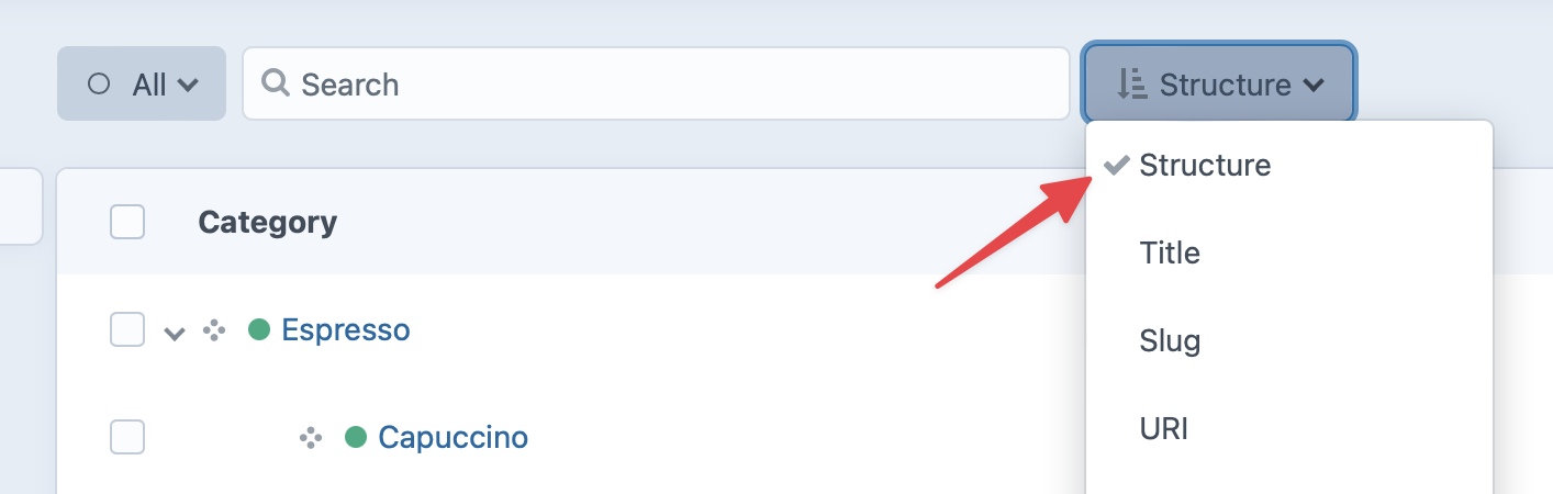 Close crop of a screenshot with an arrow pointing to the “Structure” view option in the menu immediately to the right of the search bar