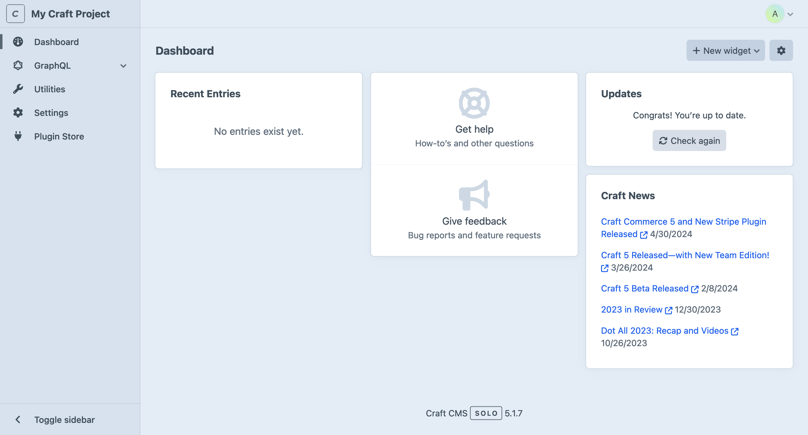 Craft dashboard