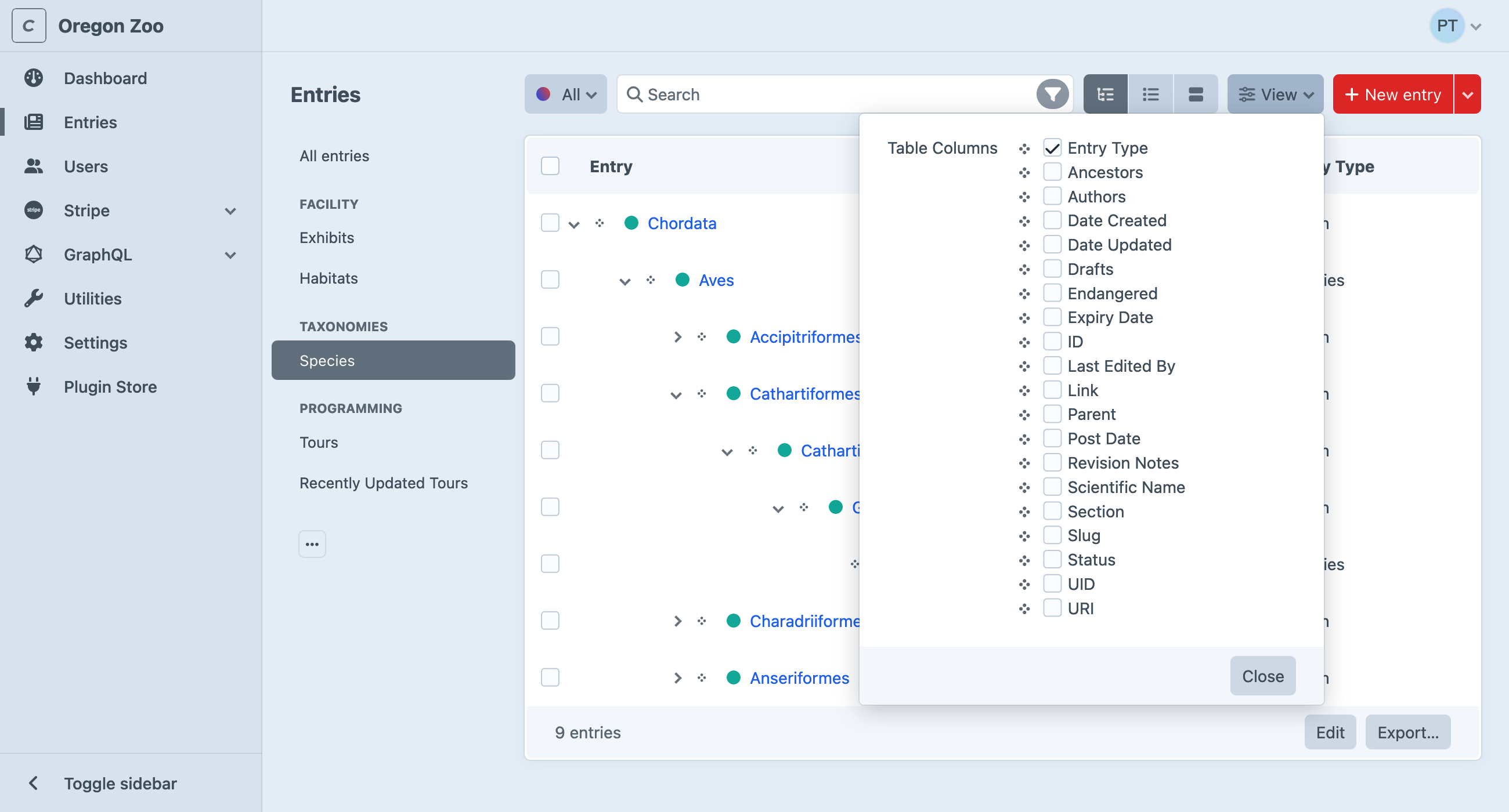 Customizing element index columns and sorting