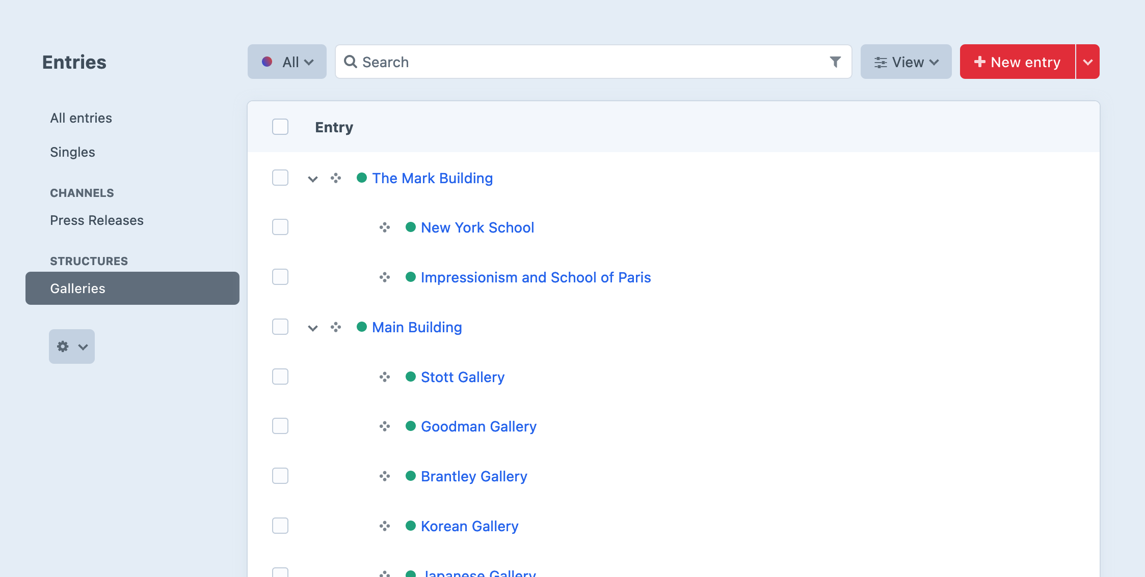 Illustration of Entries layout with a “Galleries” structure selected, showing nested building and gallery entries with drag-and-drop handles