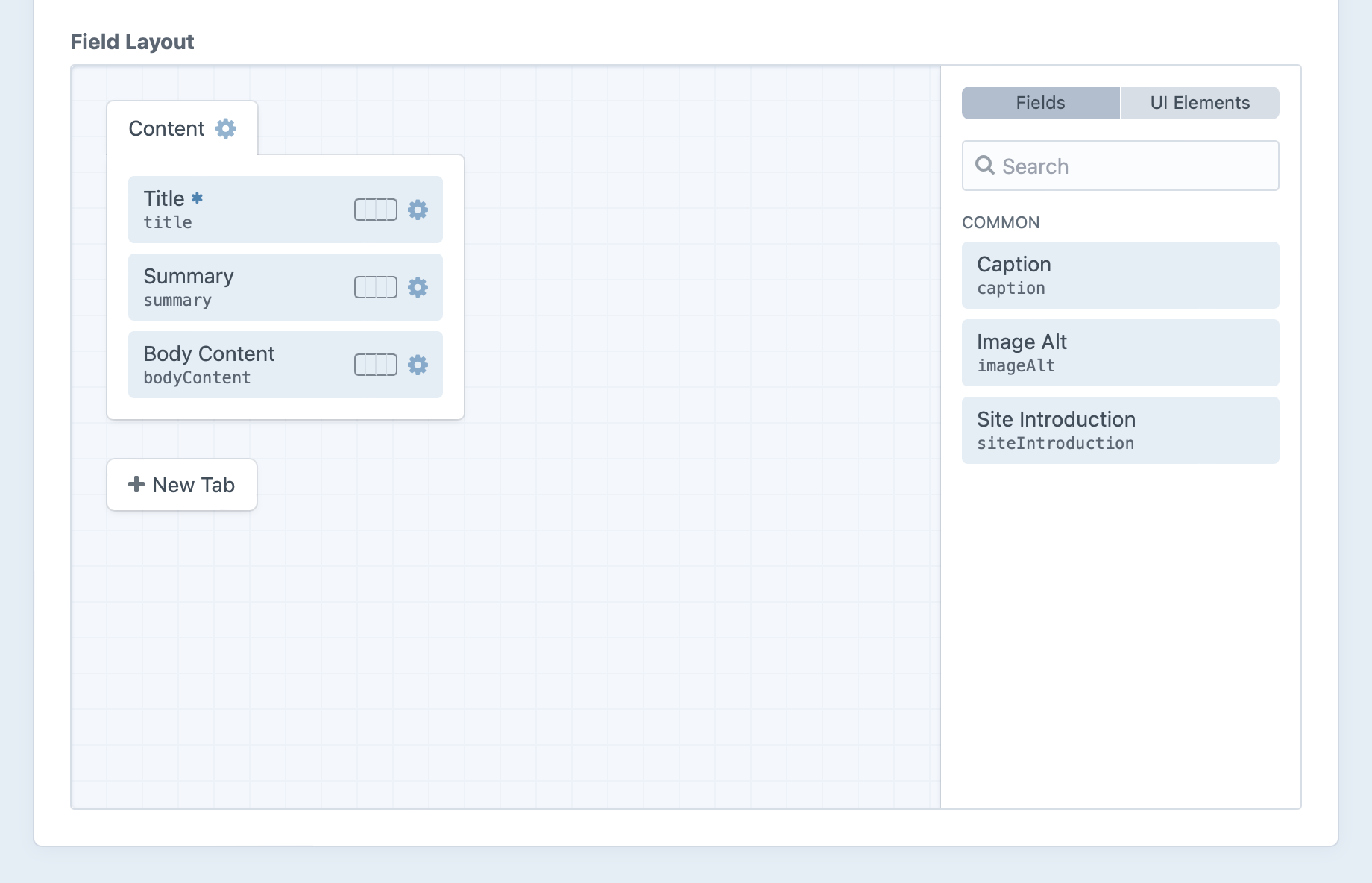 Screenshot of an entry’s field layout editor, with a Content tab containing three fields and a sidebar menu with “Fields” and “UI Elements” items that can be placed in the field layout