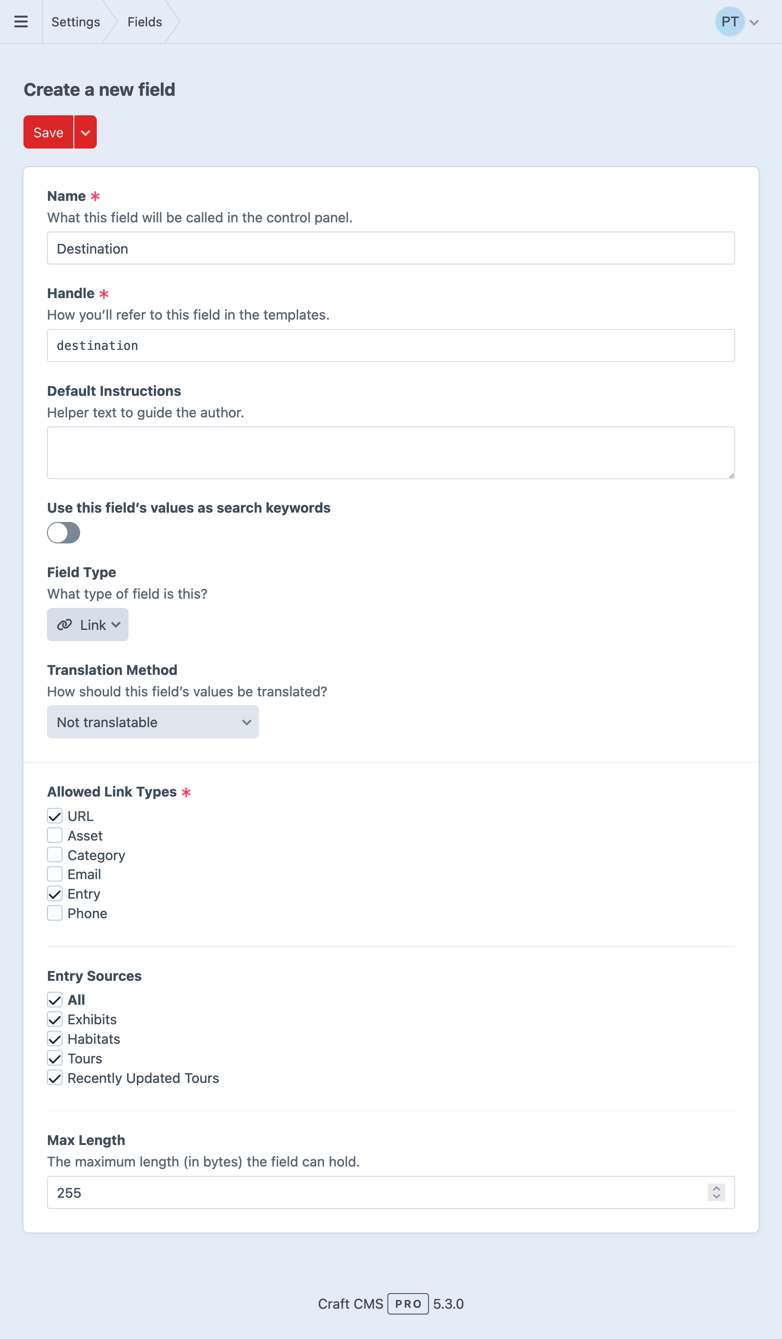 Link field settings screen in the Craft control panel