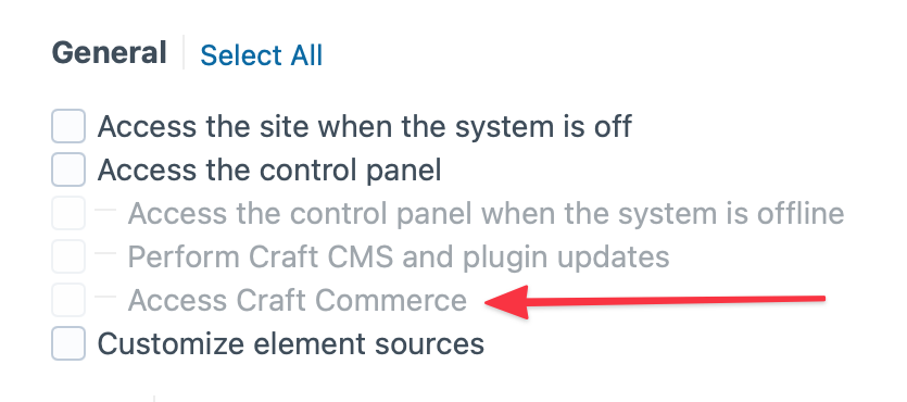 Screenshot of General permissions with an “Access Craft Commerce” checkbox under “Access the control panel”