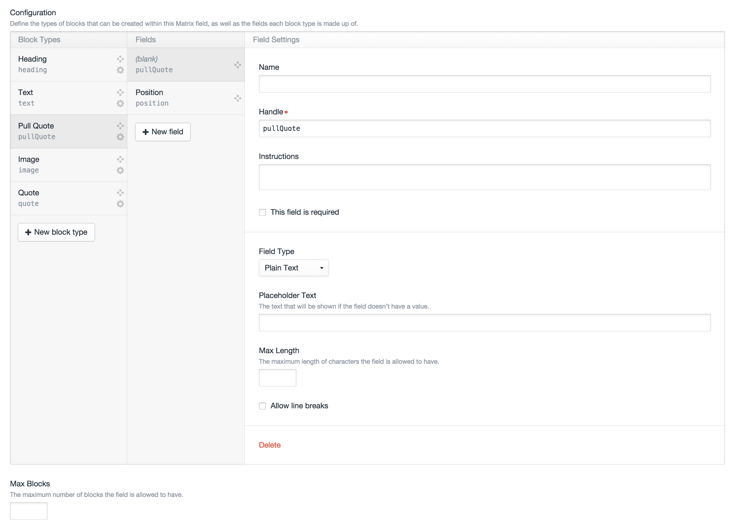 Matrix field settings