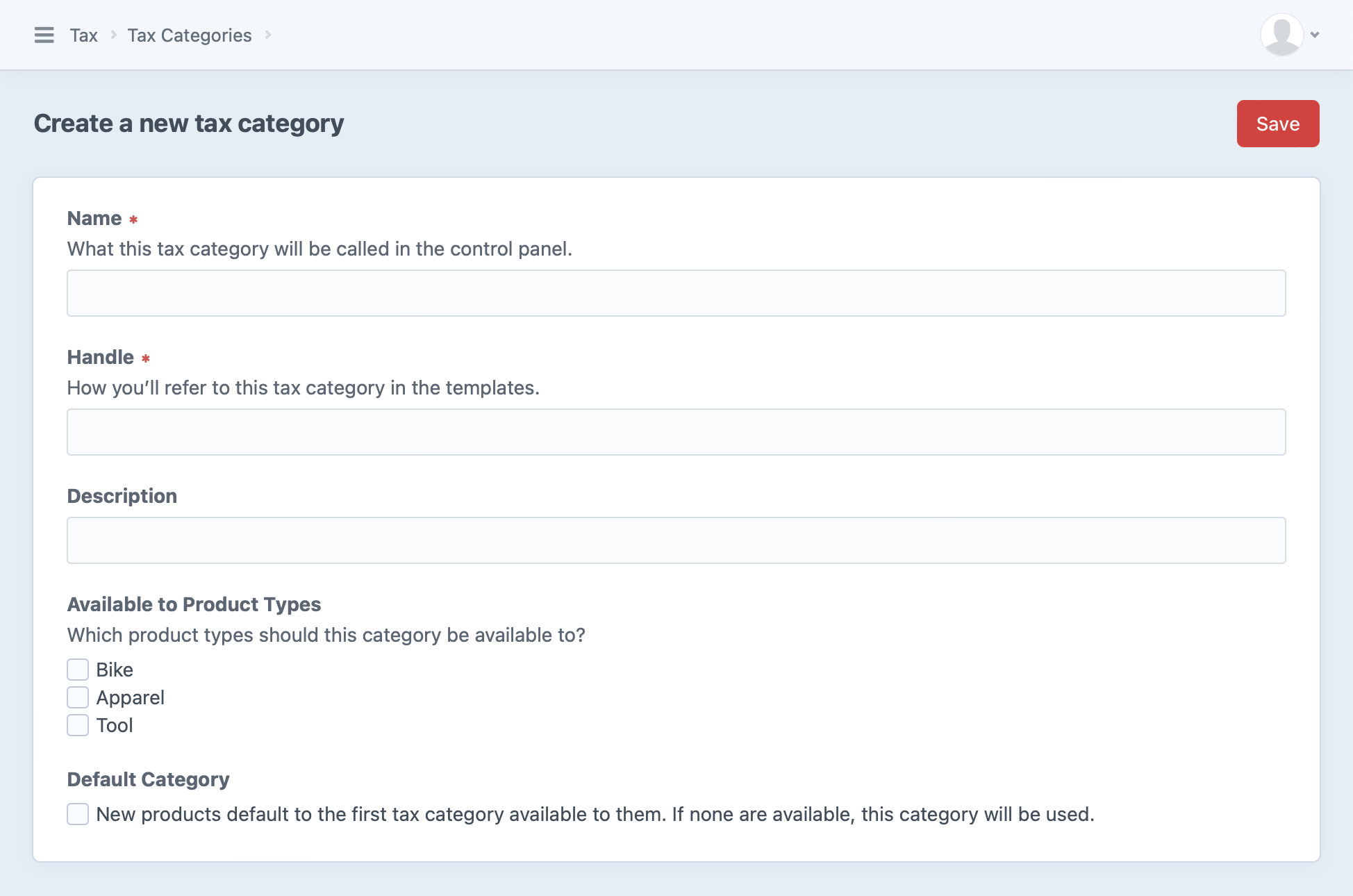 Screenshot of tax category form with fields for name, handle, description, available product types, and a checkbox to designate the category as the default