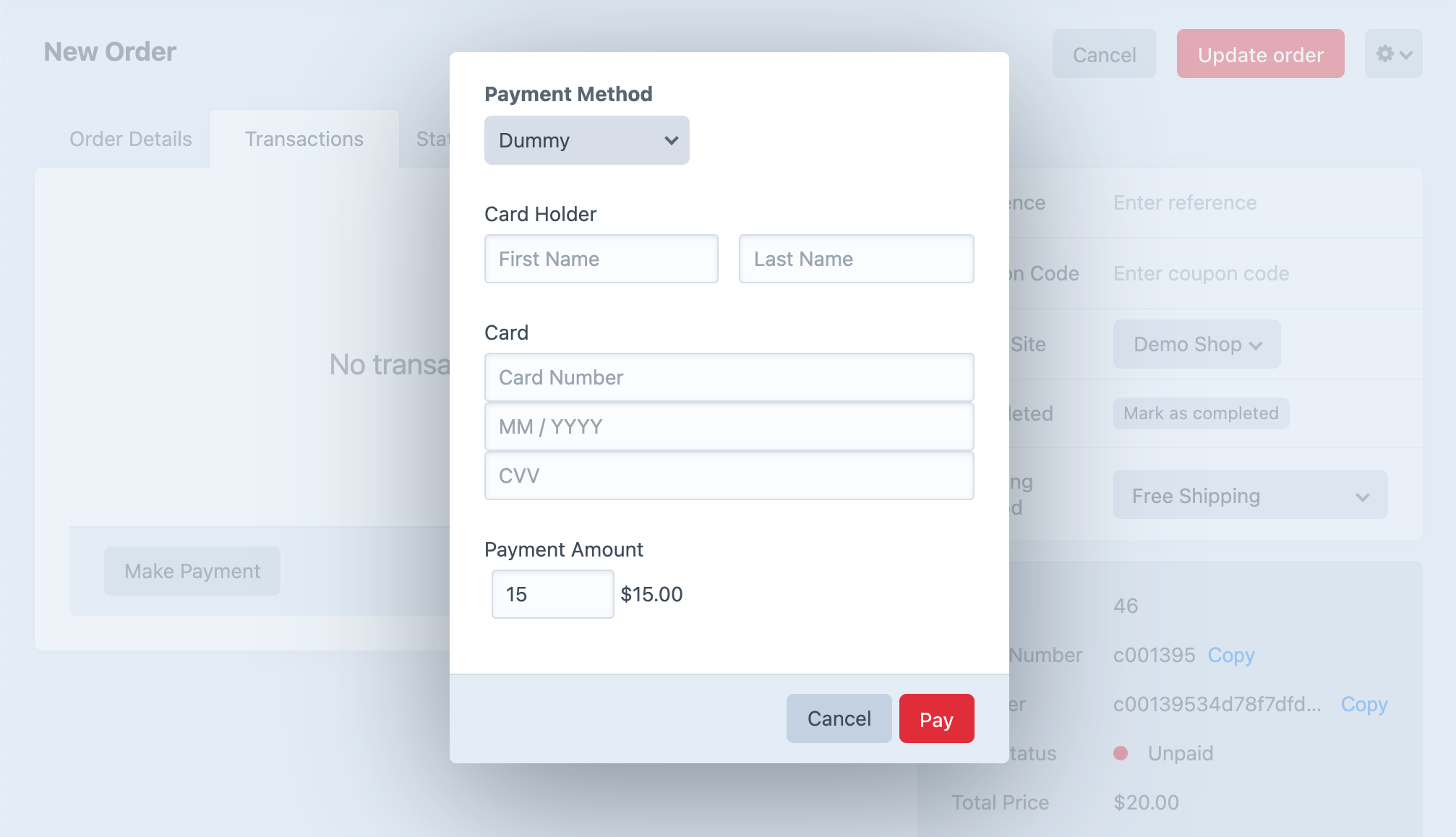 Store manager’s partial payment modal