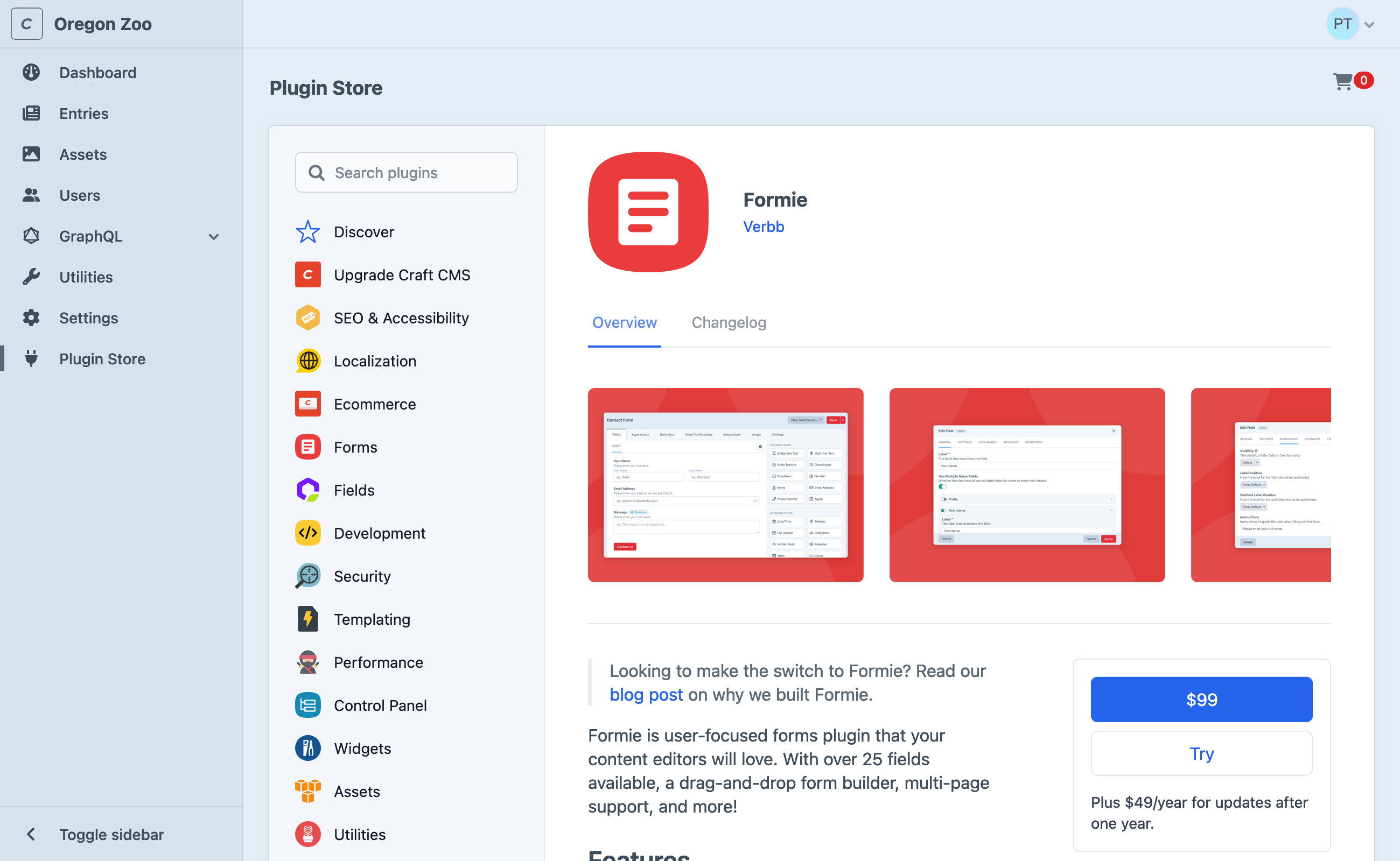 Screenshot of the Craft control panel’s built-in Plugin Store, showing a plugin named Formie