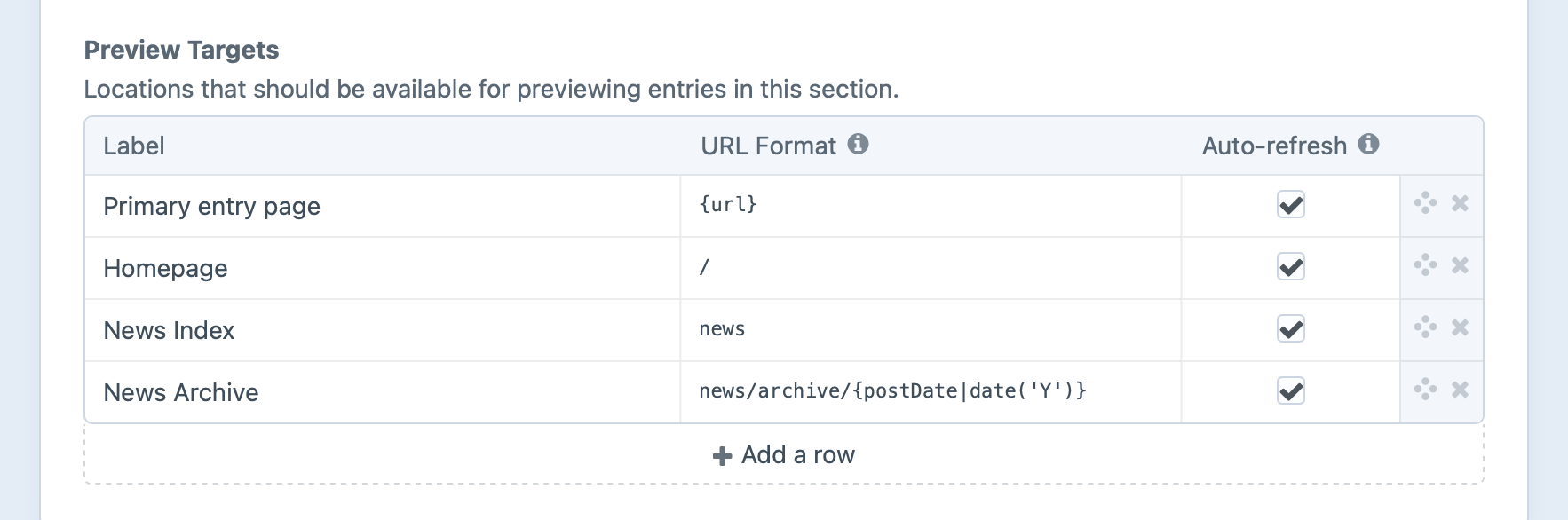 A section’s Preview Targets setting.