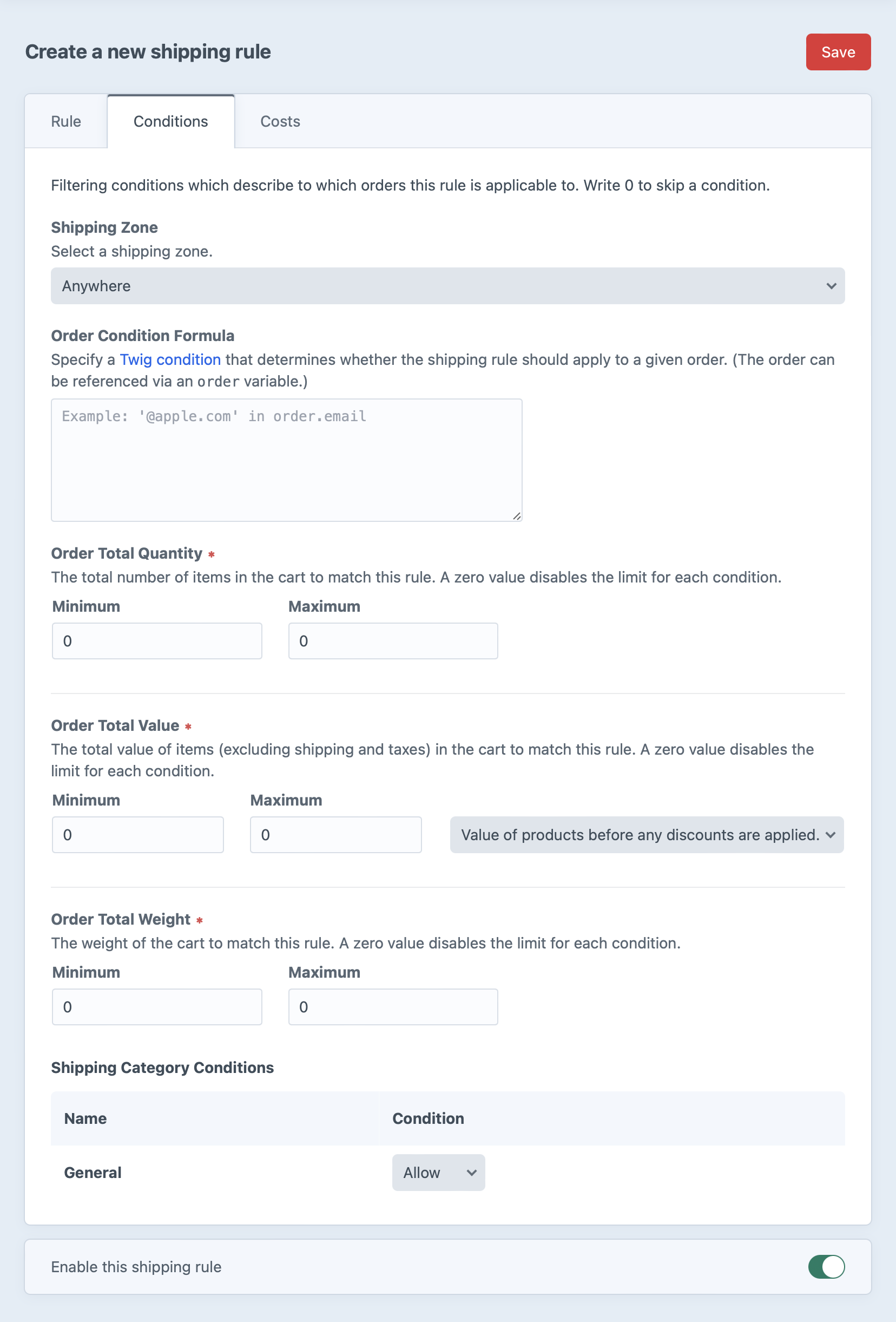 A default Shipping Method Rule Conditions form.