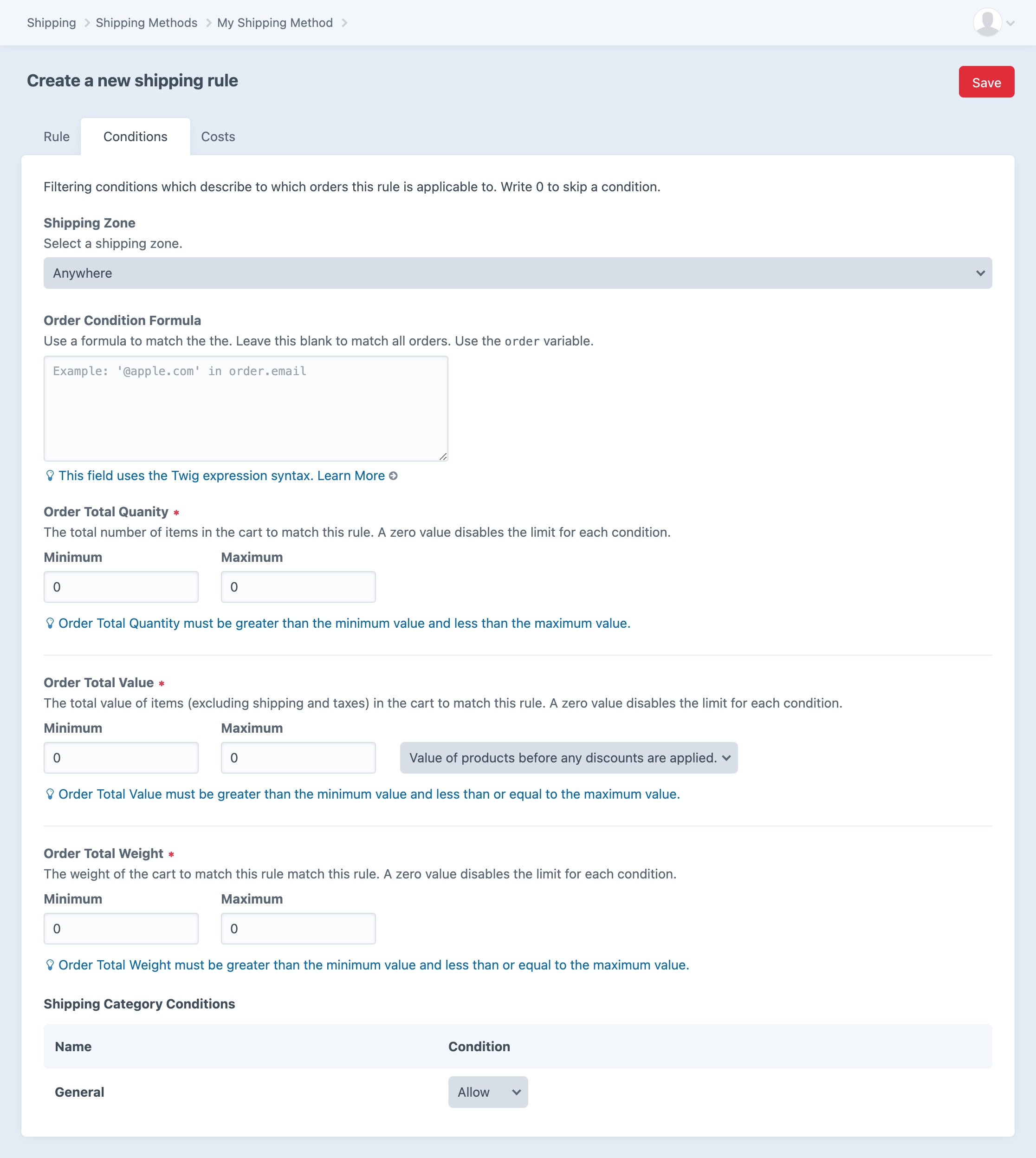 A default Shipping Method Rule Conditions form.