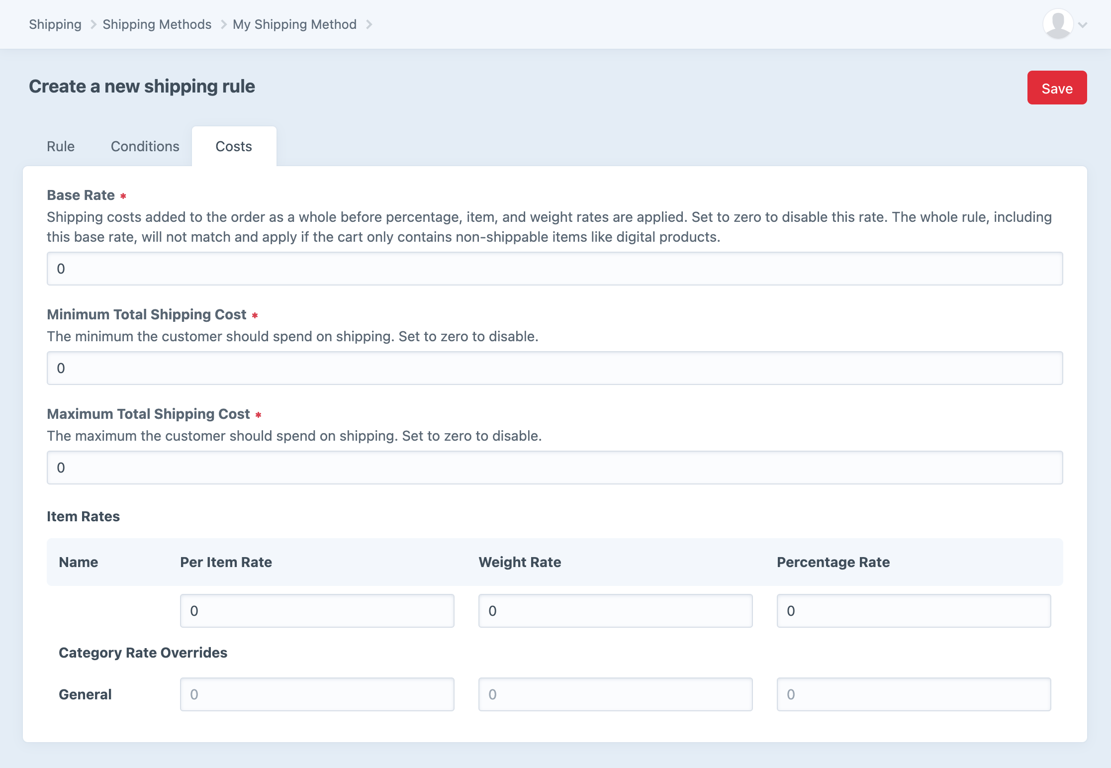 A default Shipping Method Rule Costs form.