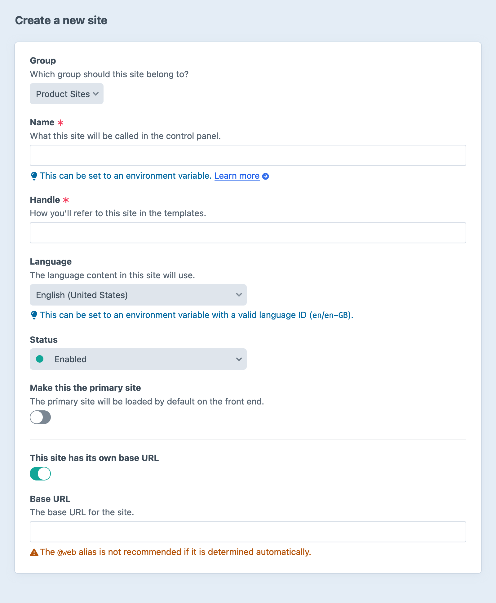 Creating a new site in the Craft control panel